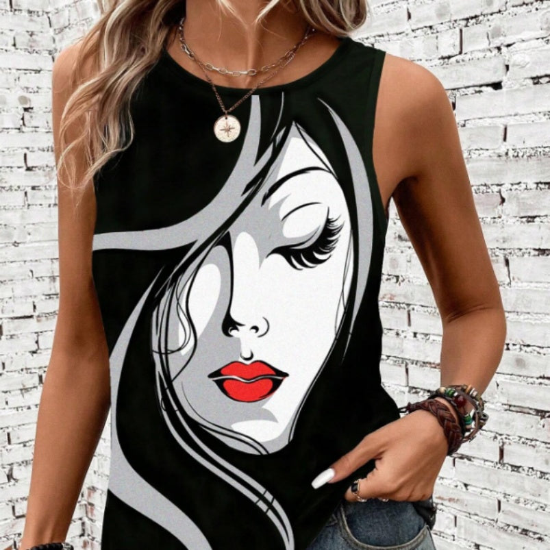 Abstract Face Printed Round Neck Tank Top