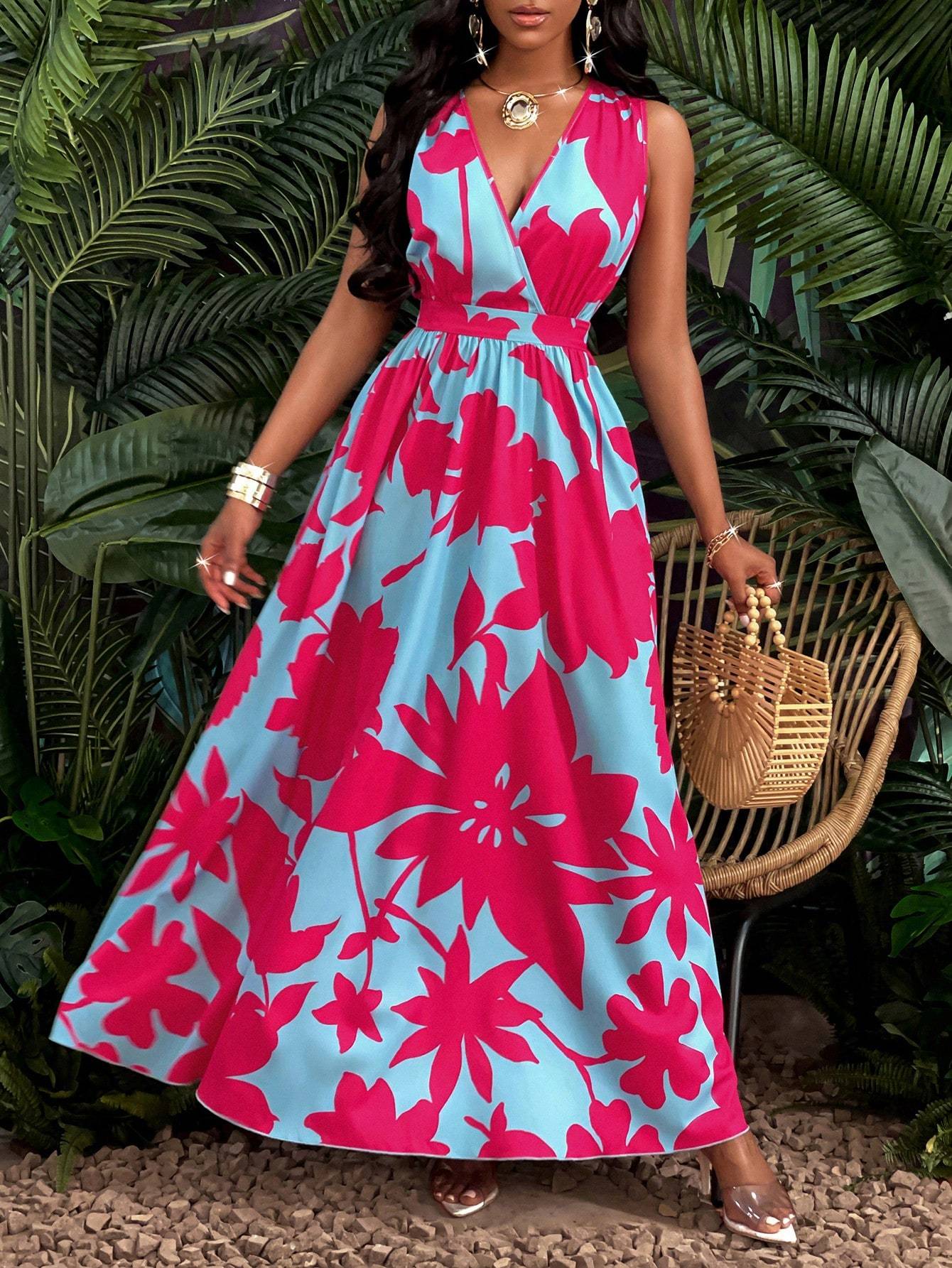 Printed Deep V Neckline Cinched Waist Fit and Flare Dress