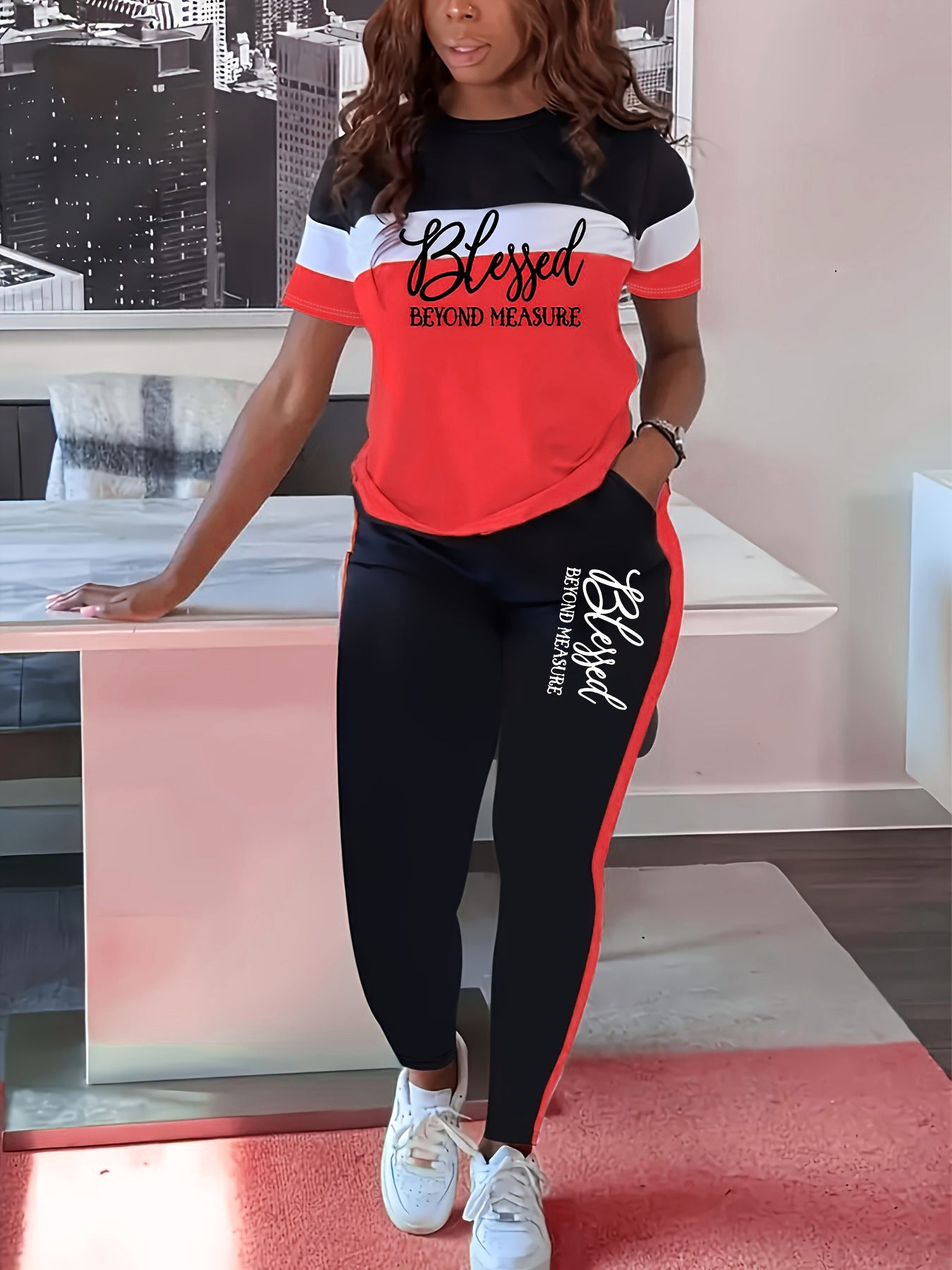 Contrast Color Striped Short Sleeve with Wide Leg Pants Set