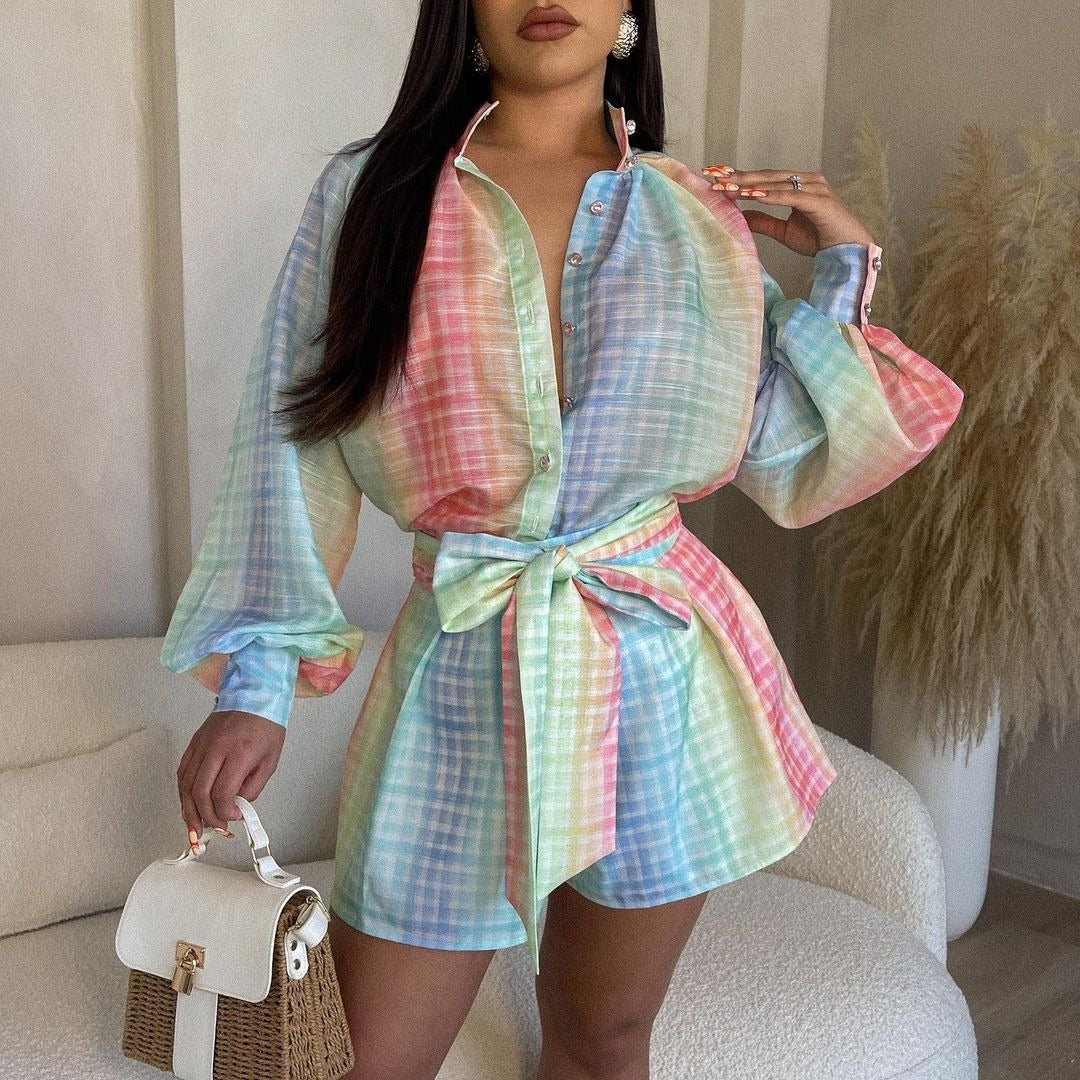 Cardigan Lapel Plaid Print Lantern Sleeve Jumpsuit