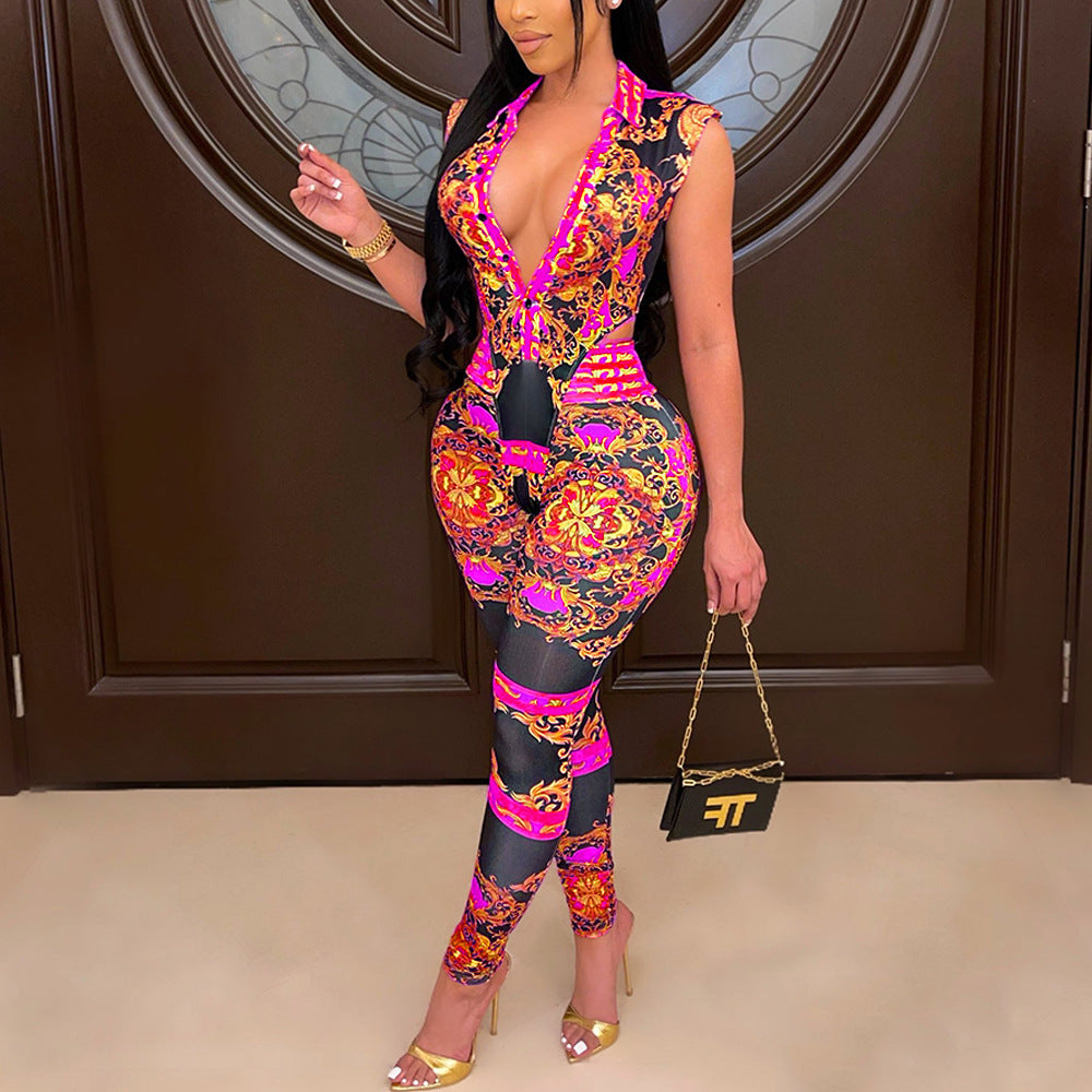 Sexy V-Neck Tight-Fitting Digital Positioning Printing Two-Piece Set