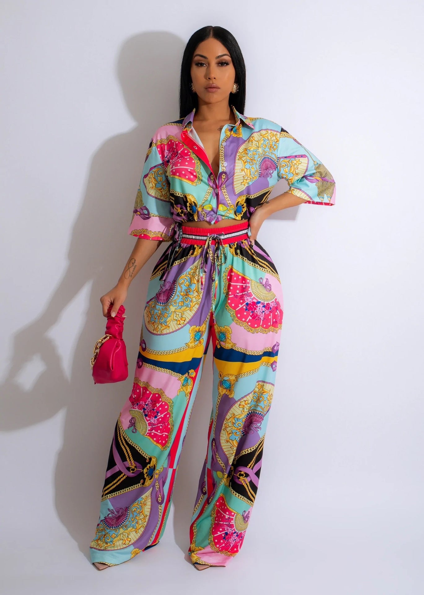 Fan Pattern Printed Short Sleeve Pant Set