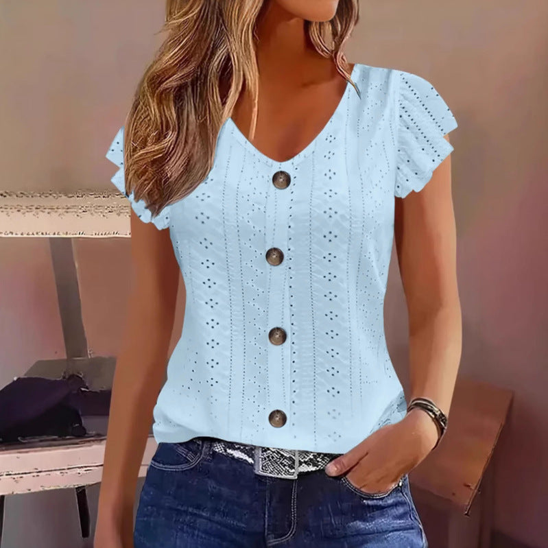 Solid Color Jacquard V-neck Buttons Long Sleeve Top