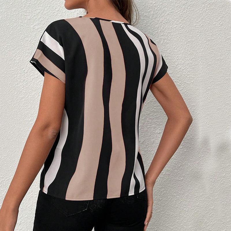 Striped Shirt V-neck Short Sleeve Pullover Top
