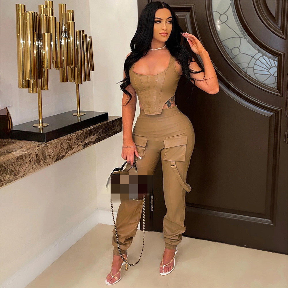 Solid Color Sleeveless Two Pc Pant Set