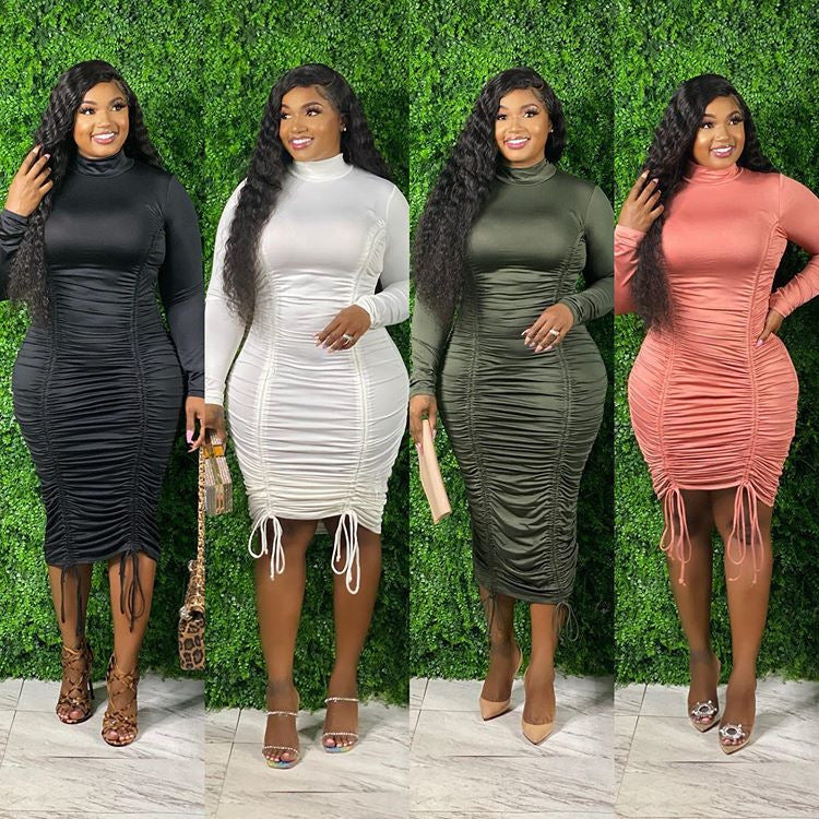 Drawstring High Neck Long Sleeve Dress