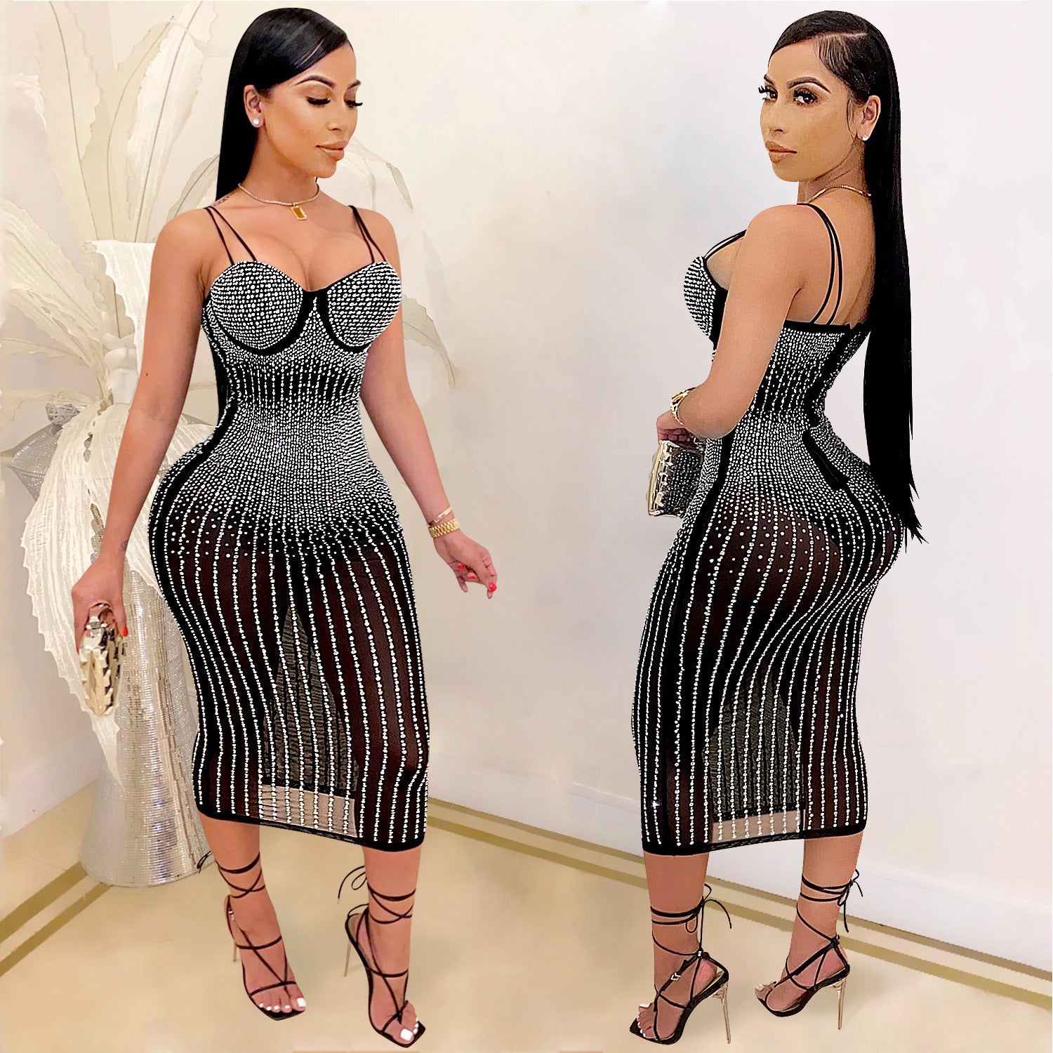 Mesh Perspective Hot and Diamond Sling Dress