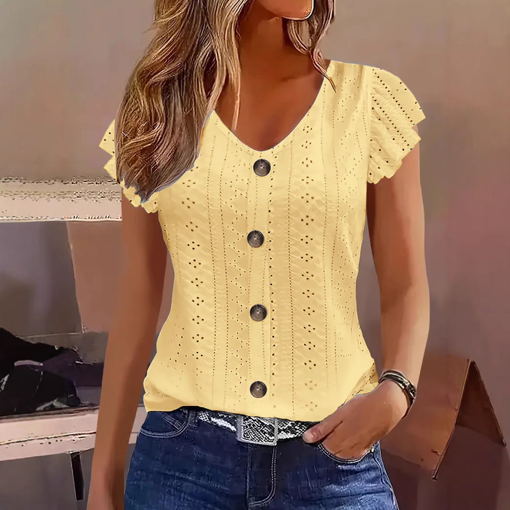 Solid Color Jacquard V-neck Buttons Long Sleeve Top