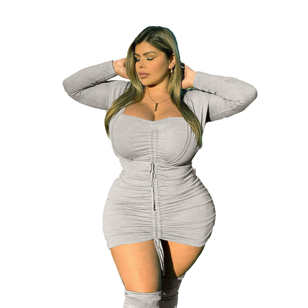 V-neck Short Solid Color Plus Size Tight Dress