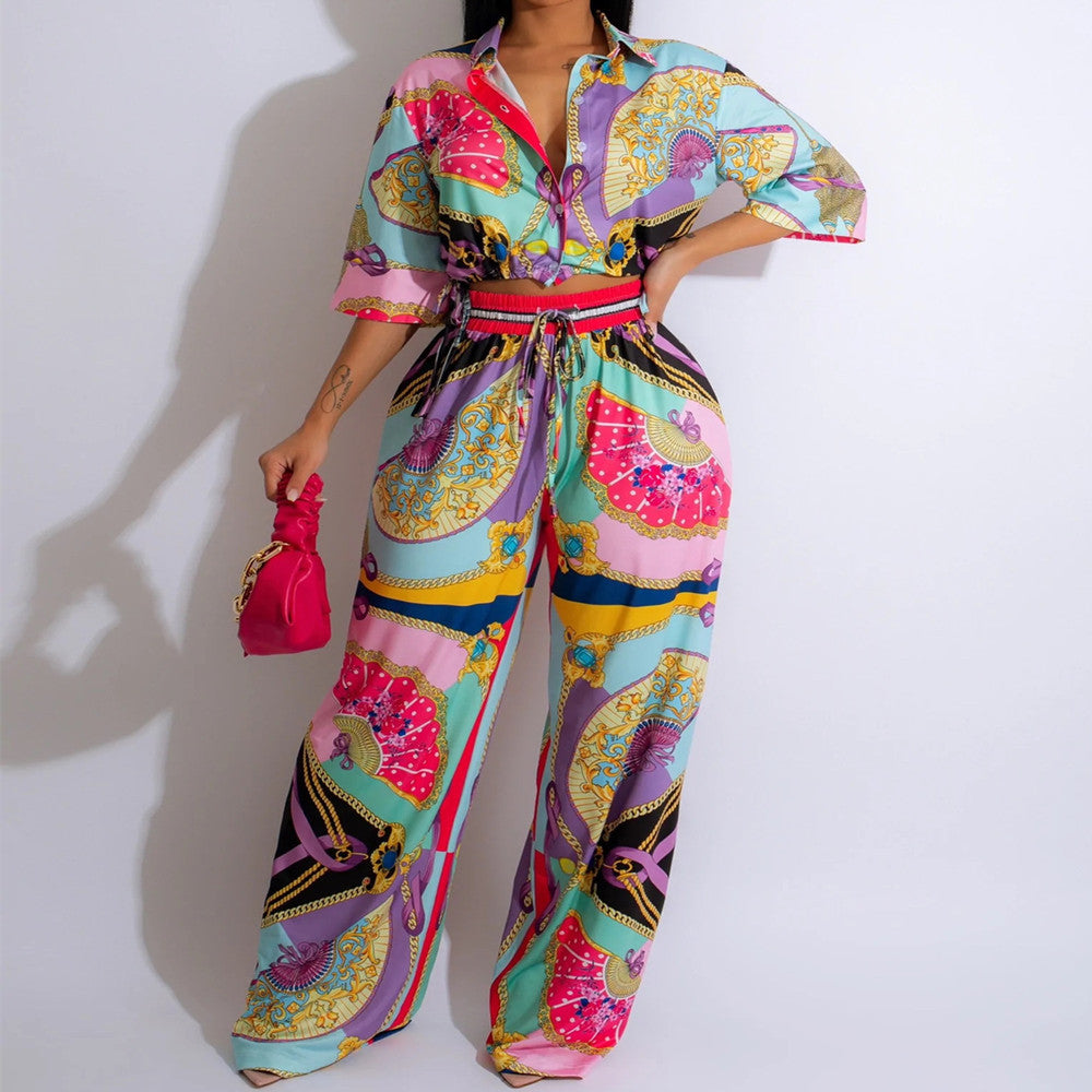 Fan Pattern Printed Short Sleeve Pant Set