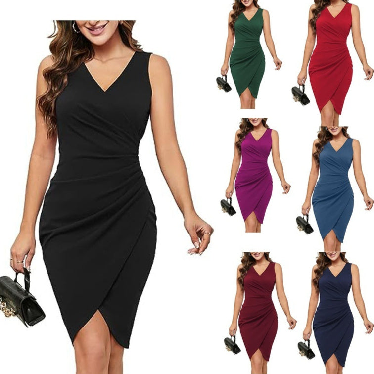 Sexy V-neck Sleeveless Artificial Wrap Pleated Tight Dress