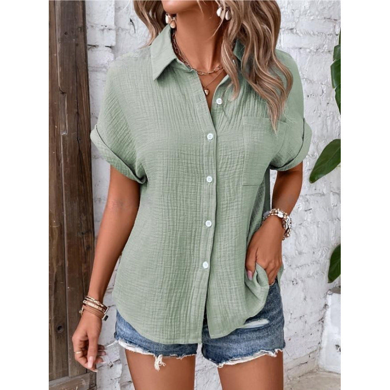 Cotton Solid Color Casual Button Shirt with Pocket