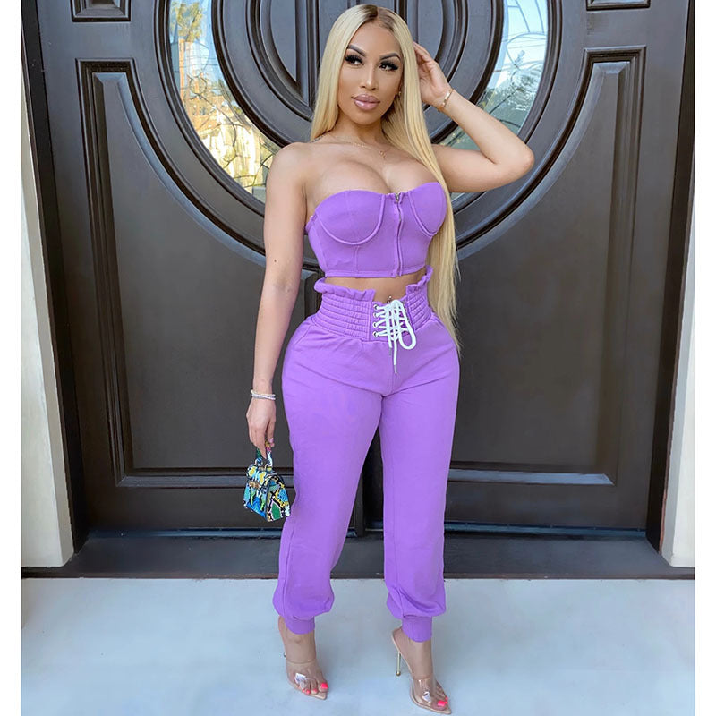 Casual Halter Top Two Piece Pant Set