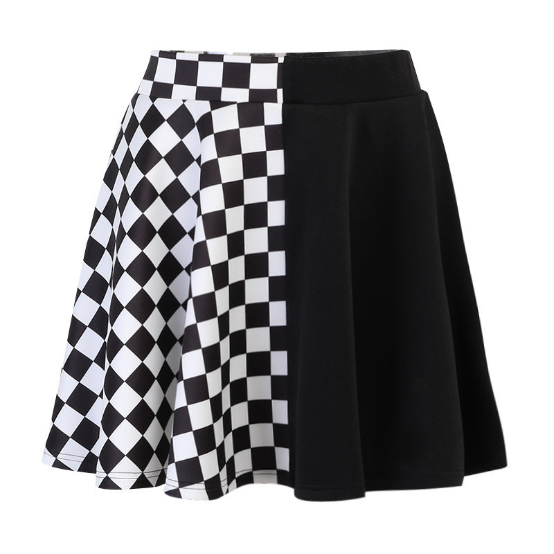 Dark Girl Color Contrast Plaid Stitching Skirt High Waist Skirt