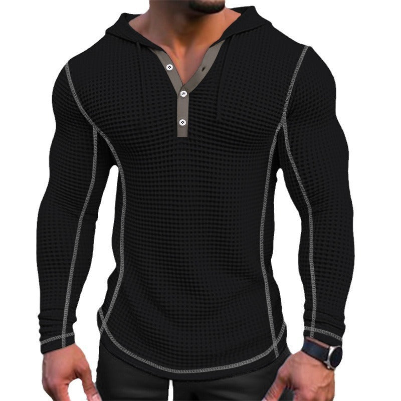 Waffle Button Casual Hoodie T-shirt