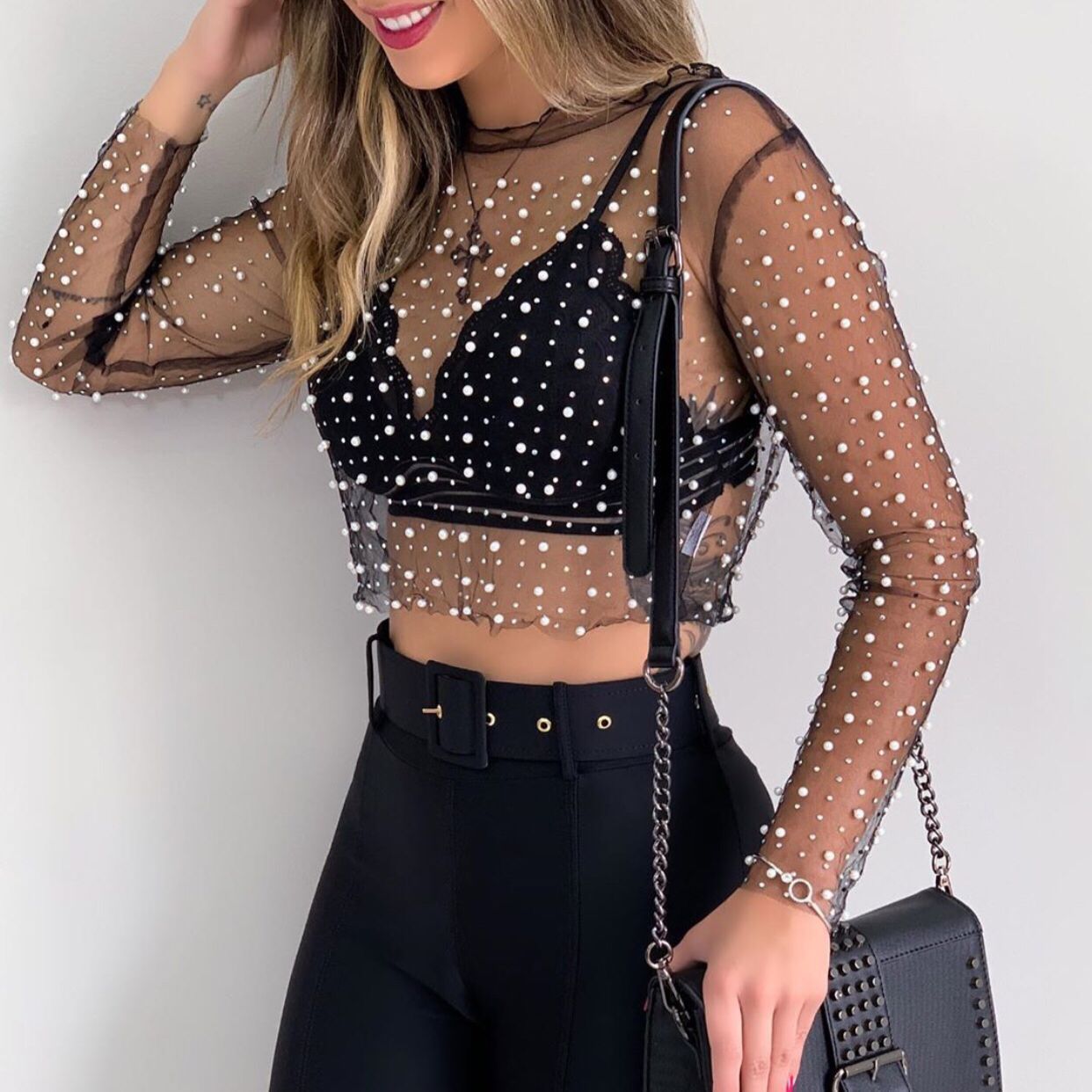 Lace Shirt with Bright Diamond Beads with Mesh Long Sleeves