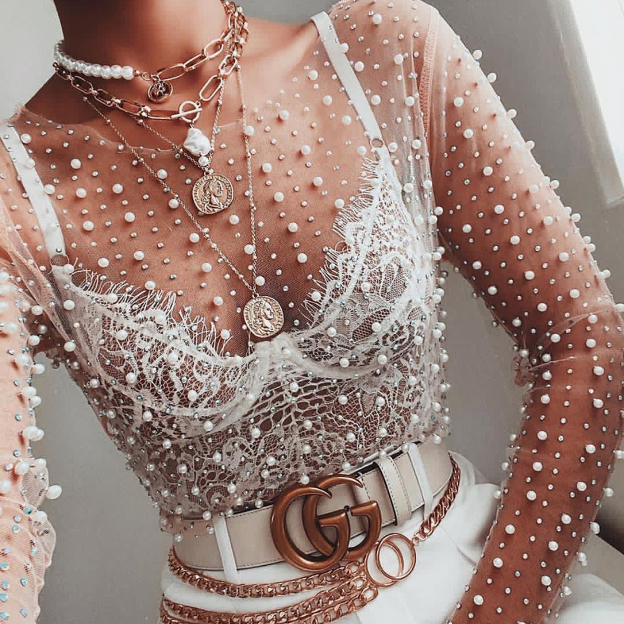 Lace Shirt with Bright Diamond Beads with Mesh Long Sleeves