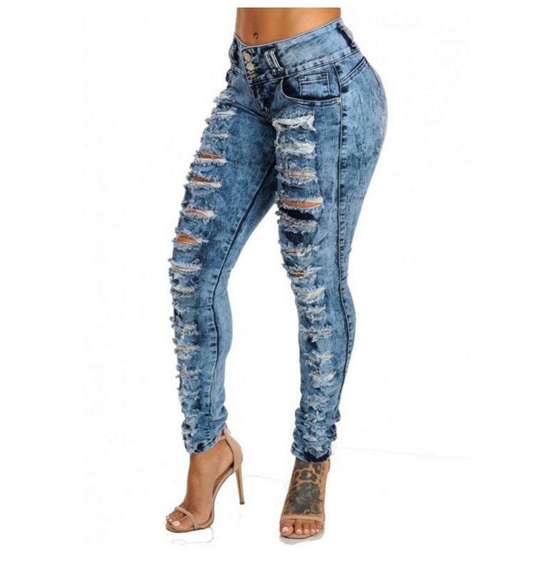 Ripped High-waisted Breasted Jeans