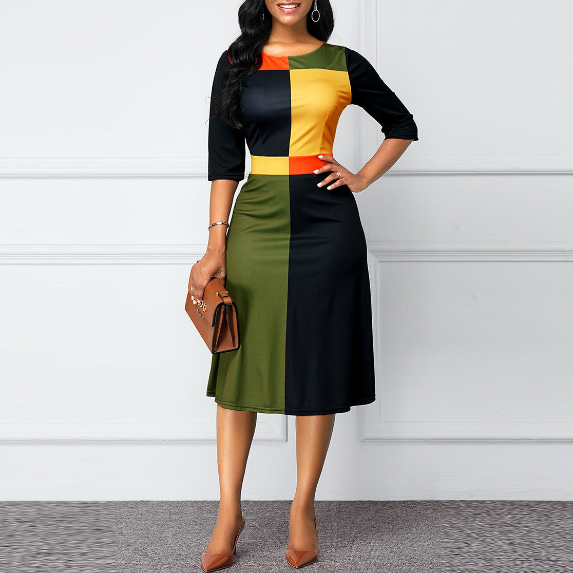 Geometric Stitching Round Neck Dress