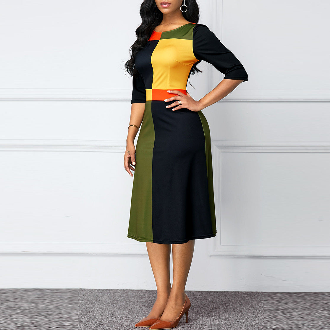 Geometric Stitching Round Neck Dress