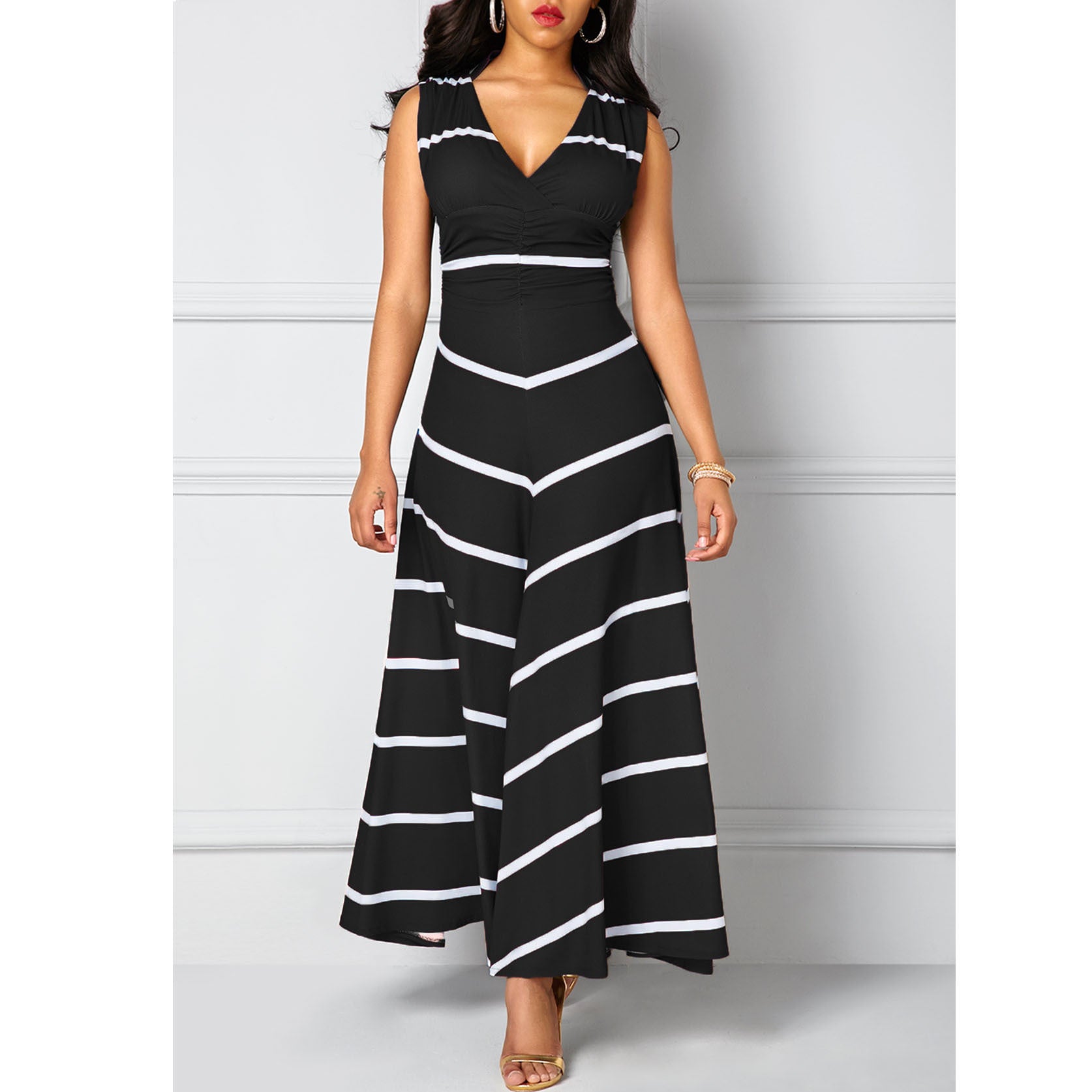 V-neck High-Waisted Striped Print Maxi Sleeveless Dress