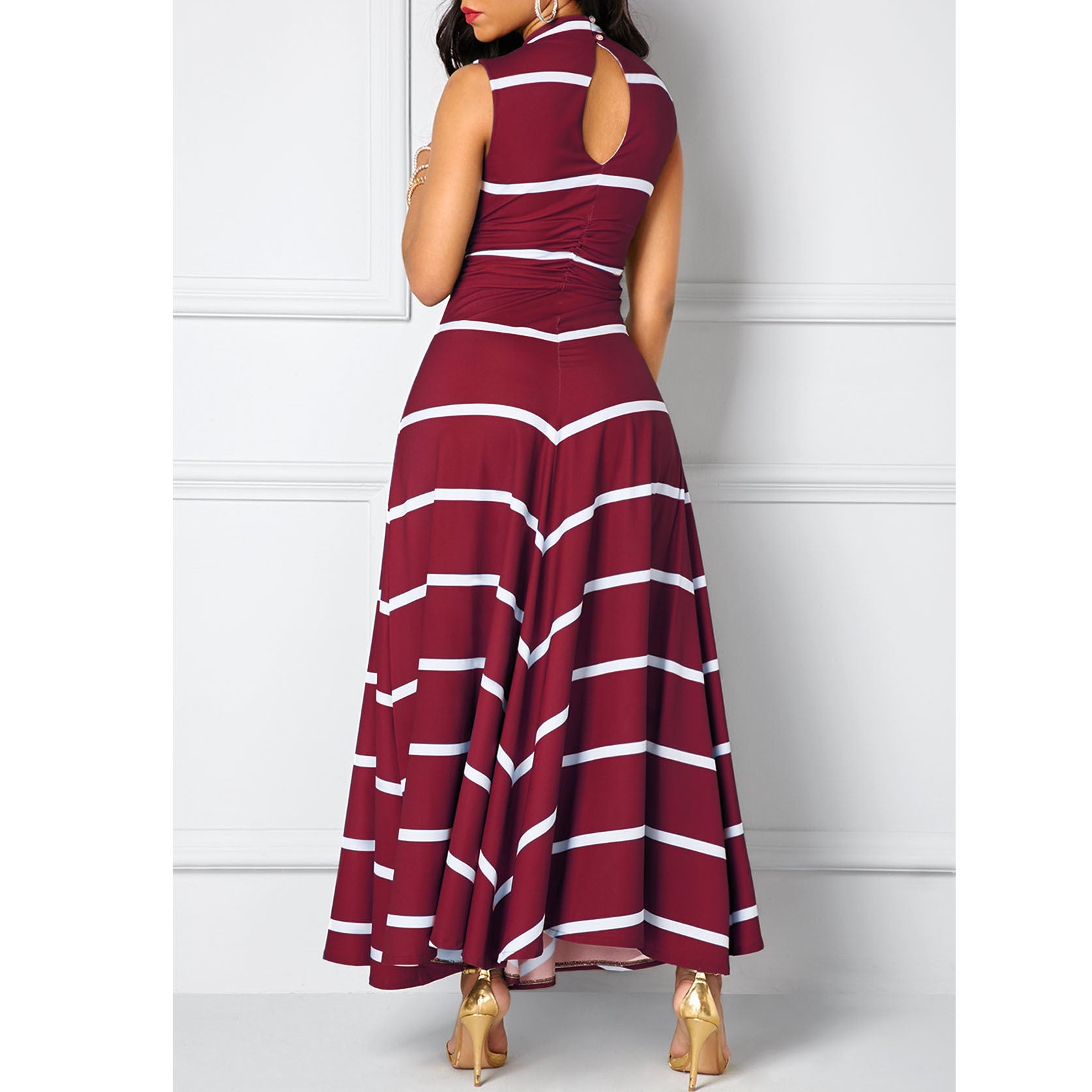 V-neck High-Waisted Striped Print Maxi Sleeveless Dress