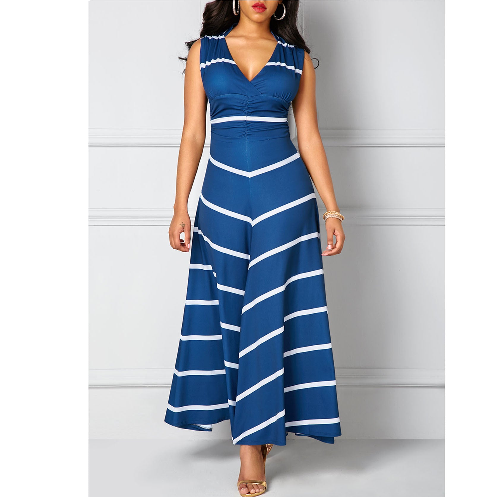 V-neck High-Waisted Striped Print Maxi Sleeveless Dress