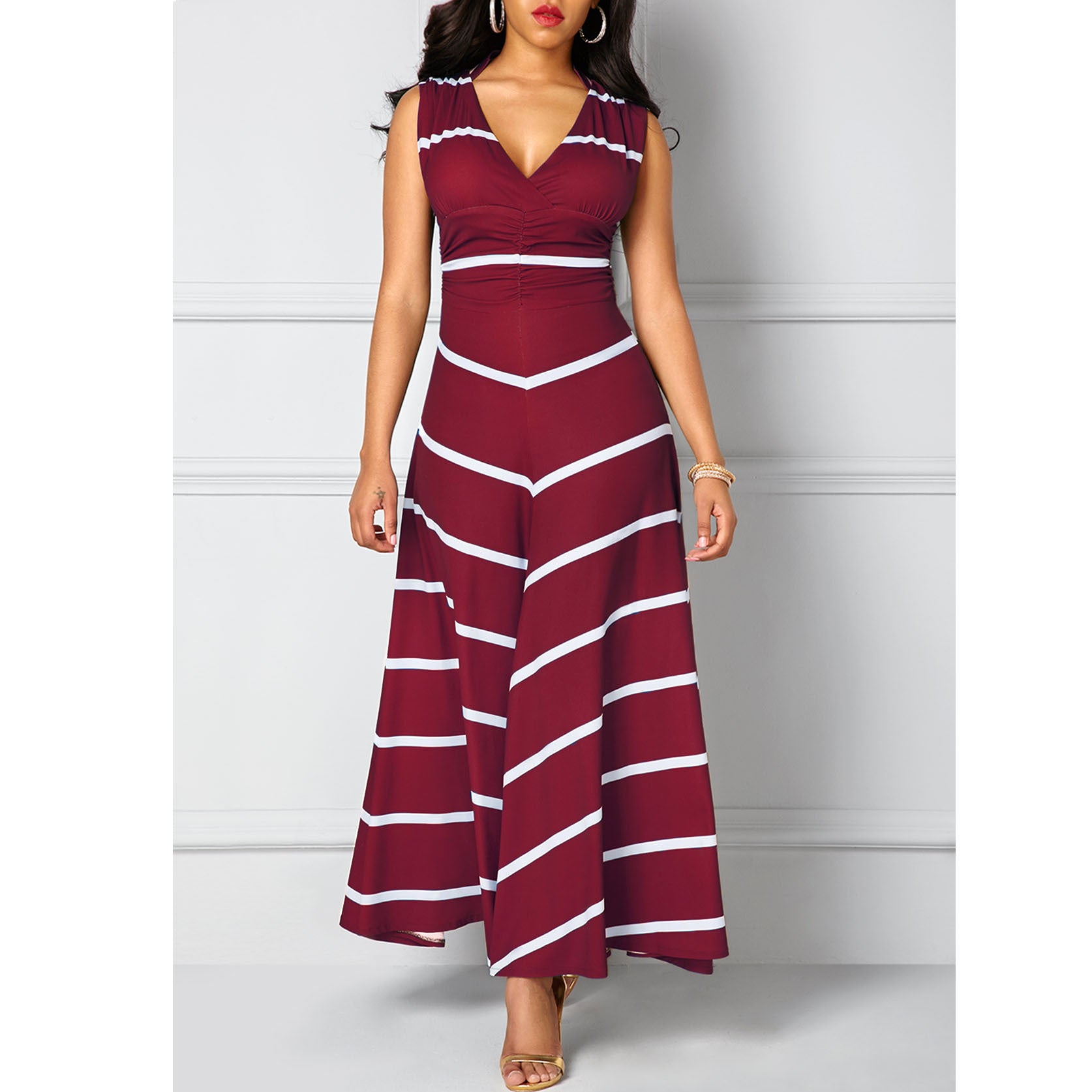 V-neck High-Waisted Striped Print Maxi Sleeveless Dress
