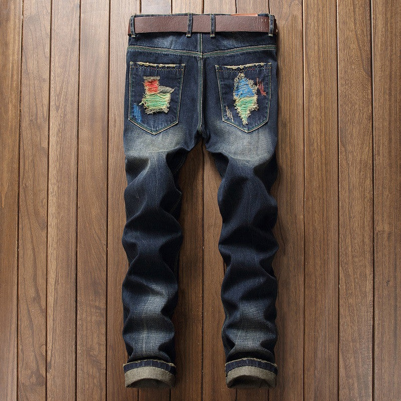 Personalized Brushed Ripped Straight-leg Jeans