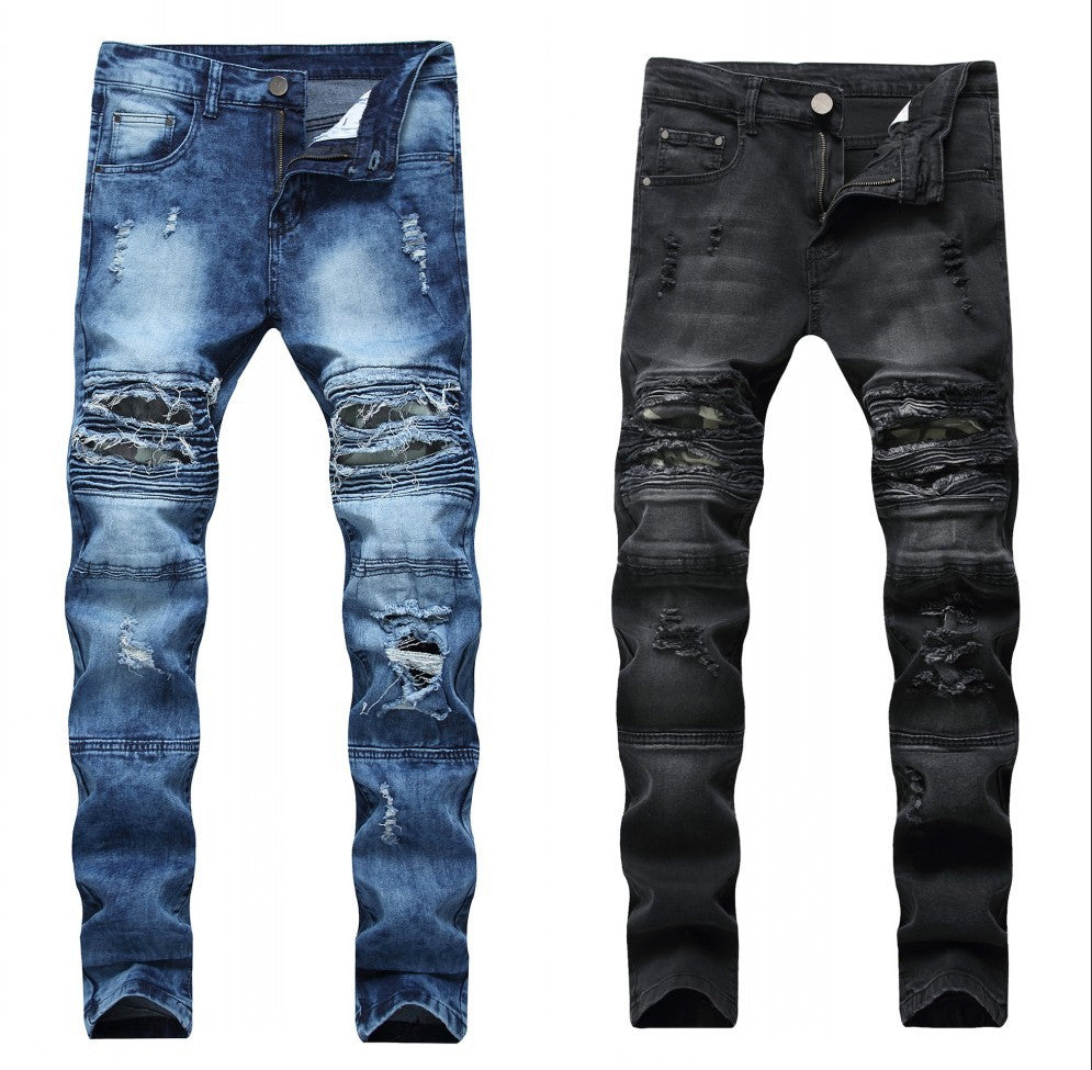 Slim Fit Straight Knee Hole Stretch Denim Jeans