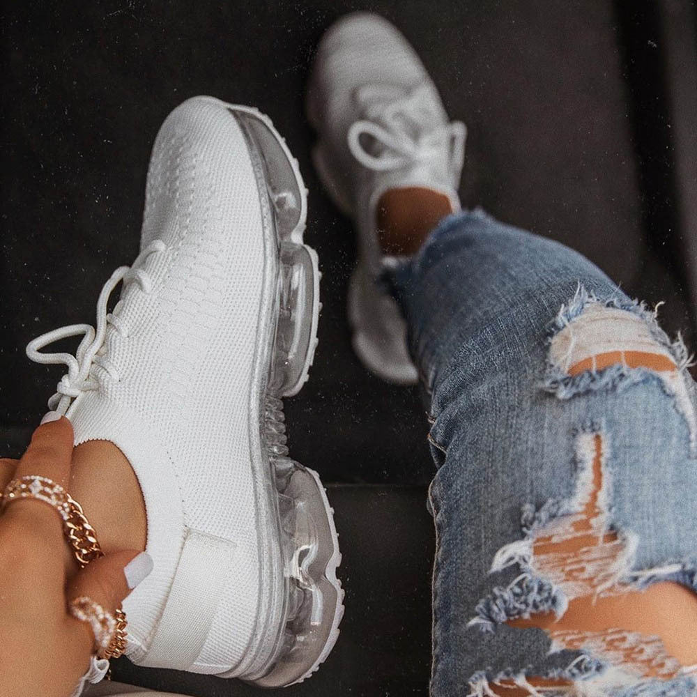 Transparent Platform Solid Color Lace-up Flying Knit Sneakers