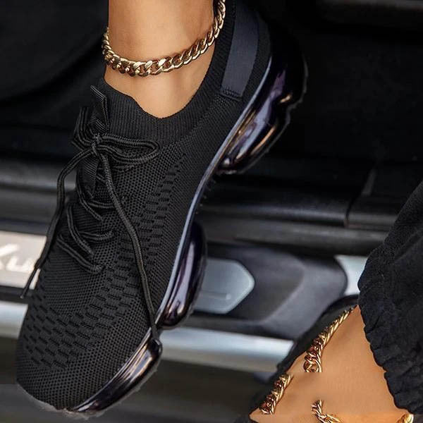 Transparent Platform Solid Color Lace-up Flying Knit Sneakers