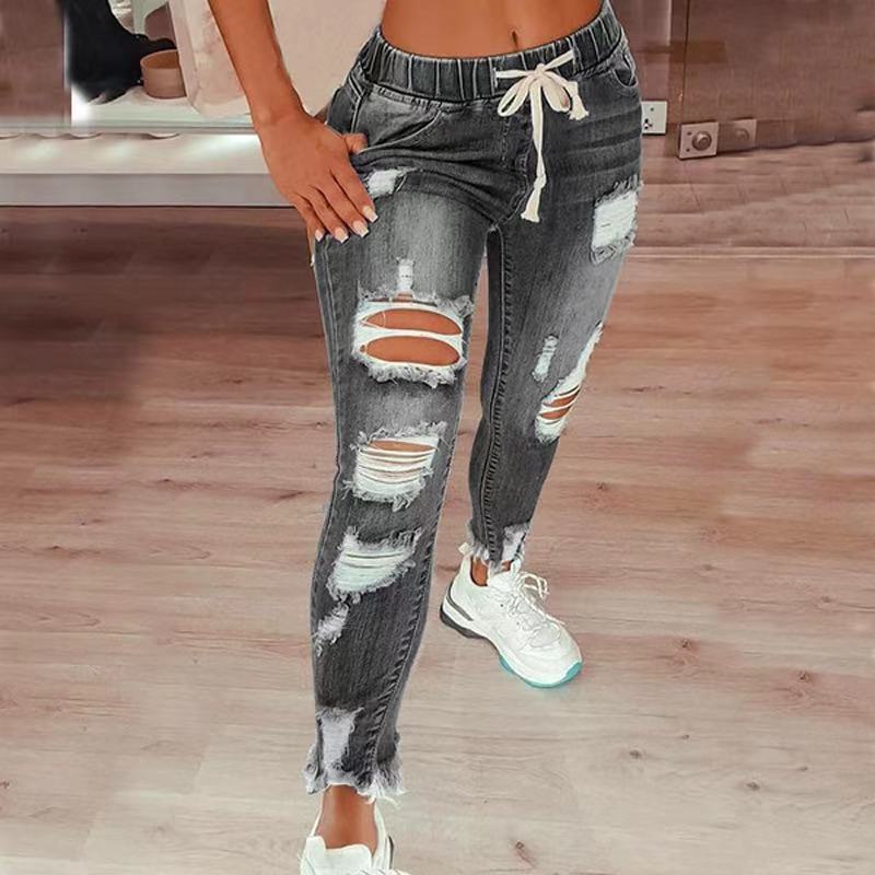High Waist Ripped Elastic Waist Drawstring Jeans