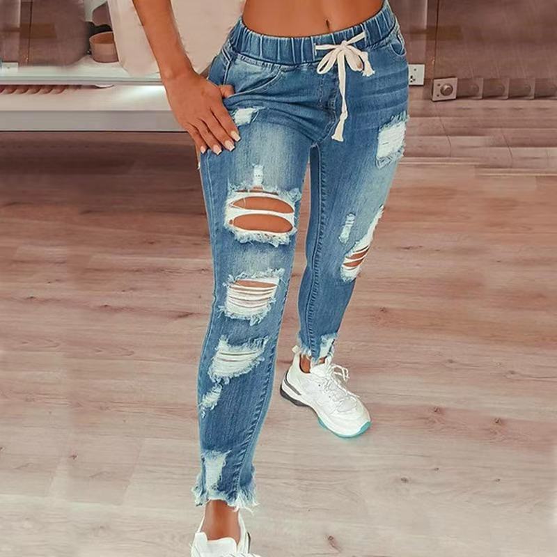 High Waist Ripped Elastic Waist Drawstring Jeans