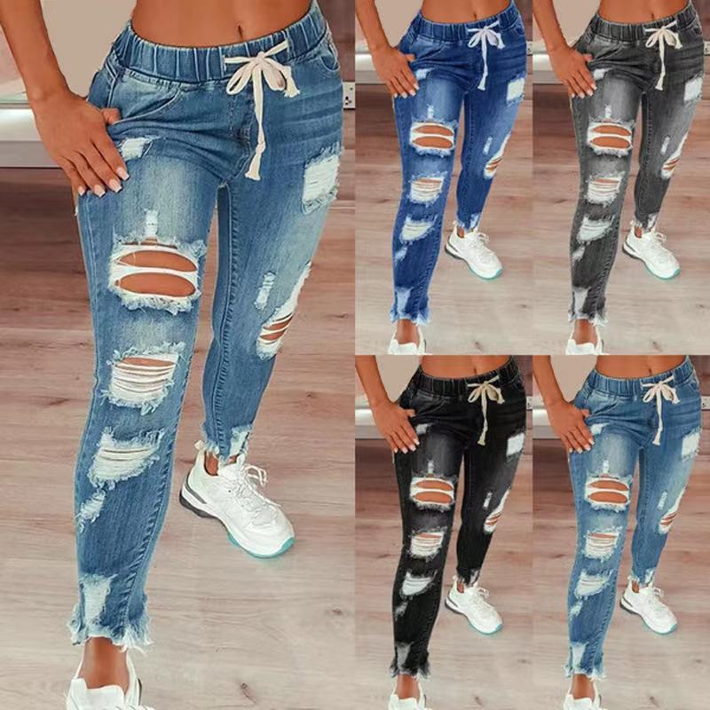 High Waist Ripped Elastic Waist Drawstring Jeans