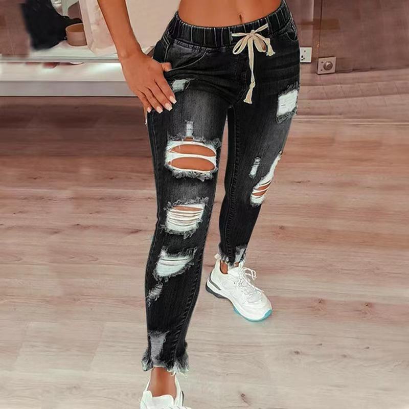 High Waist Ripped Elastic Waist Drawstring Jeans