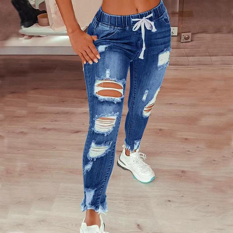 High Waist Ripped Elastic Waist Drawstring Jeans