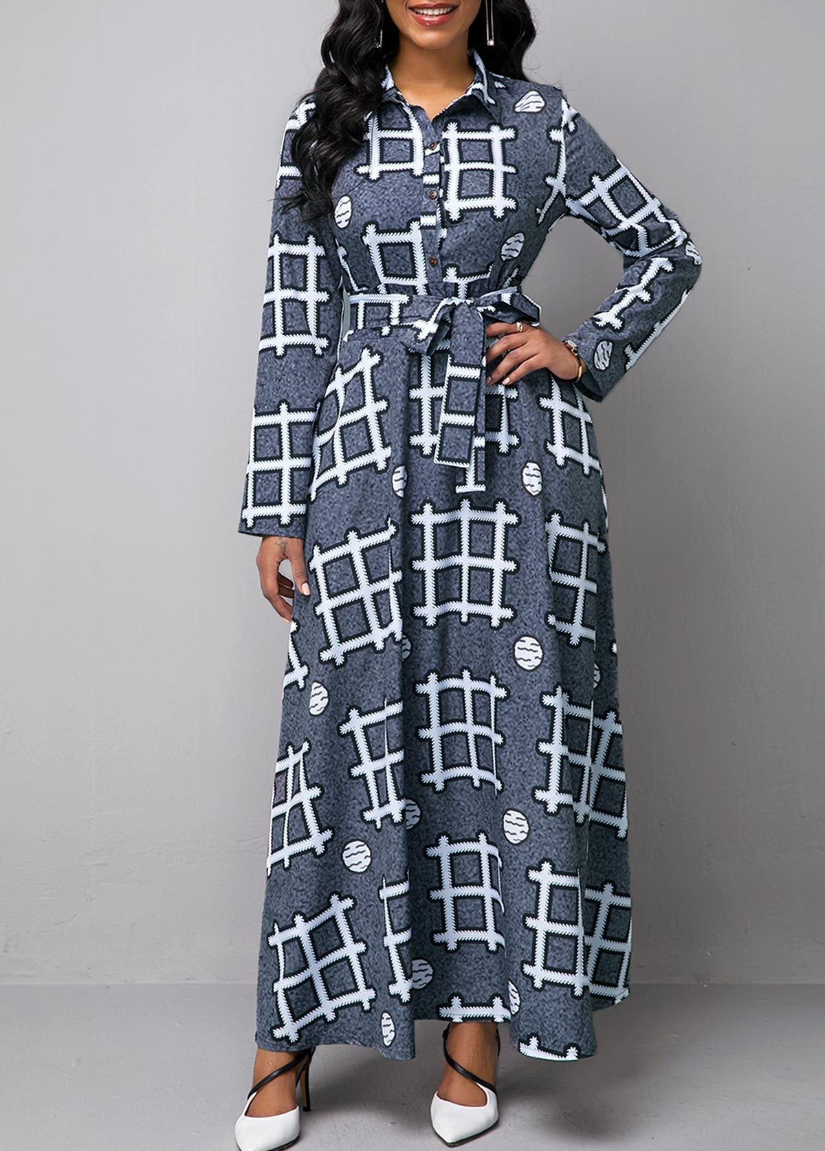 Printed Lapel Single-breasted Long-sleeved Dress
