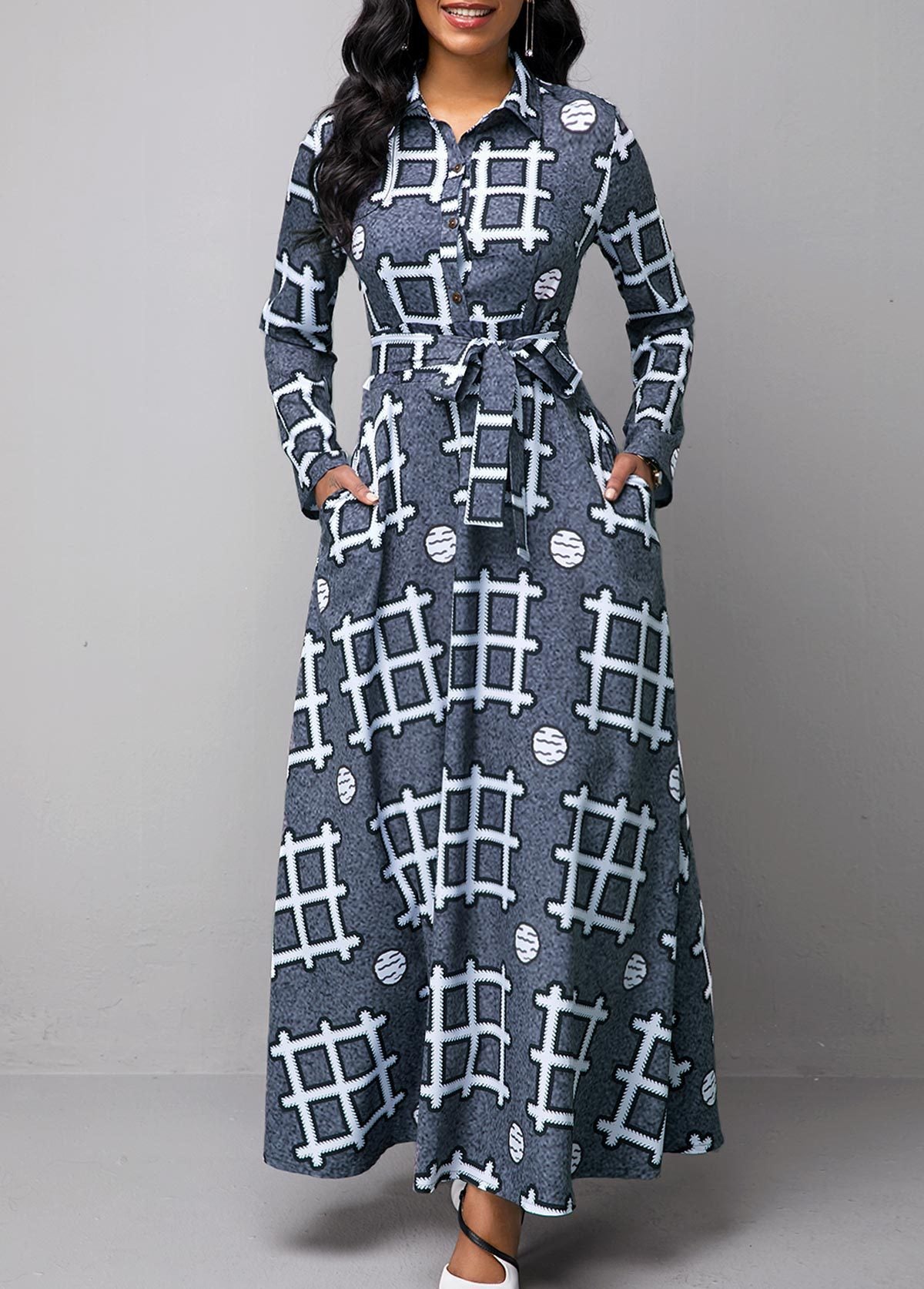 Printed Lapel Single-breasted Long-sleeved Dress