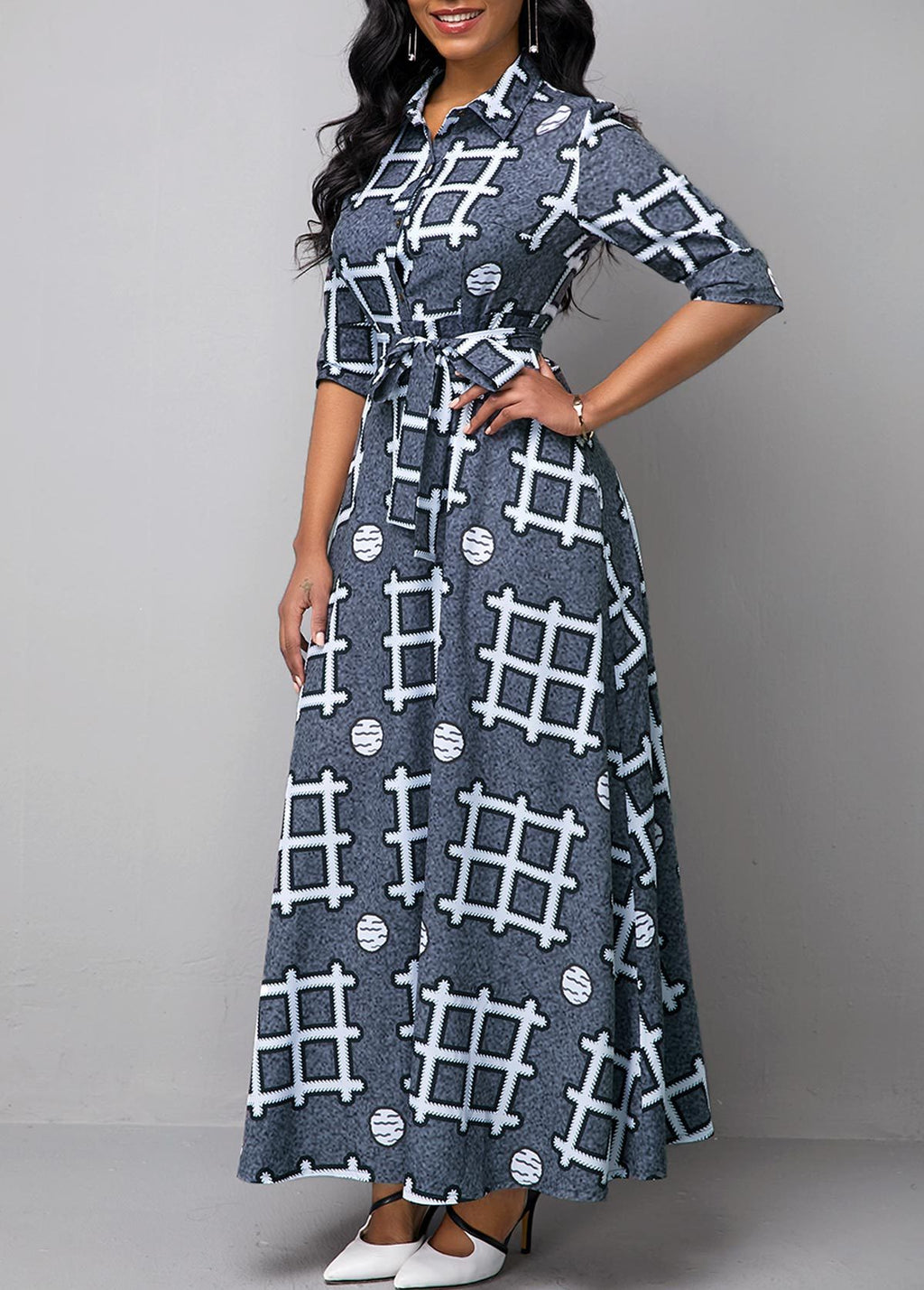 Printed Lapel Single-breasted Long-sleeved Dress