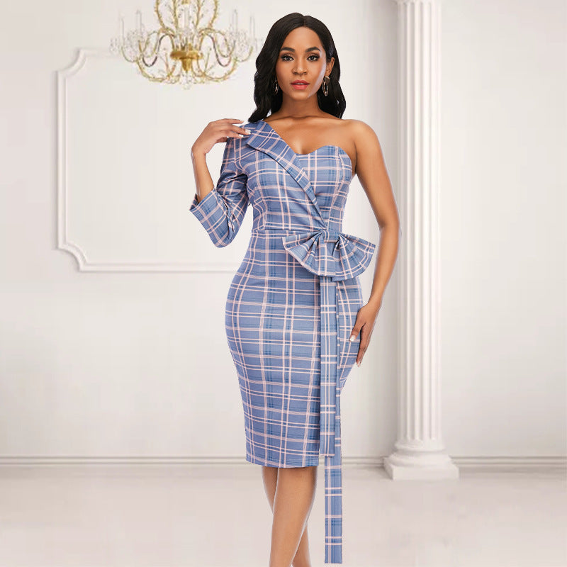 Checked Buttock Dress With Long Sleeves And High Waist Bow
