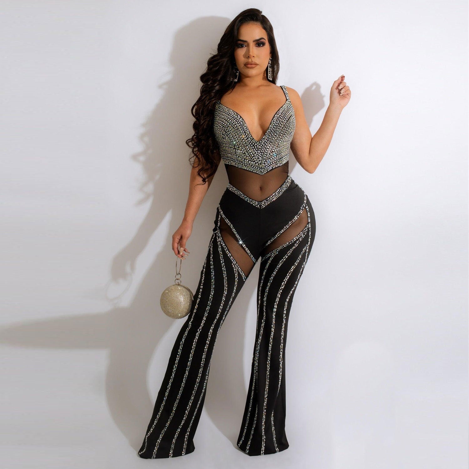 See-through Deep V Rhinestone Jumpsuit