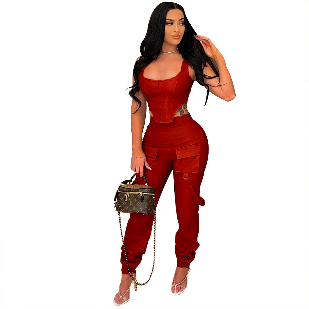 Solid Color Sleeveless Two Pc Pant Set