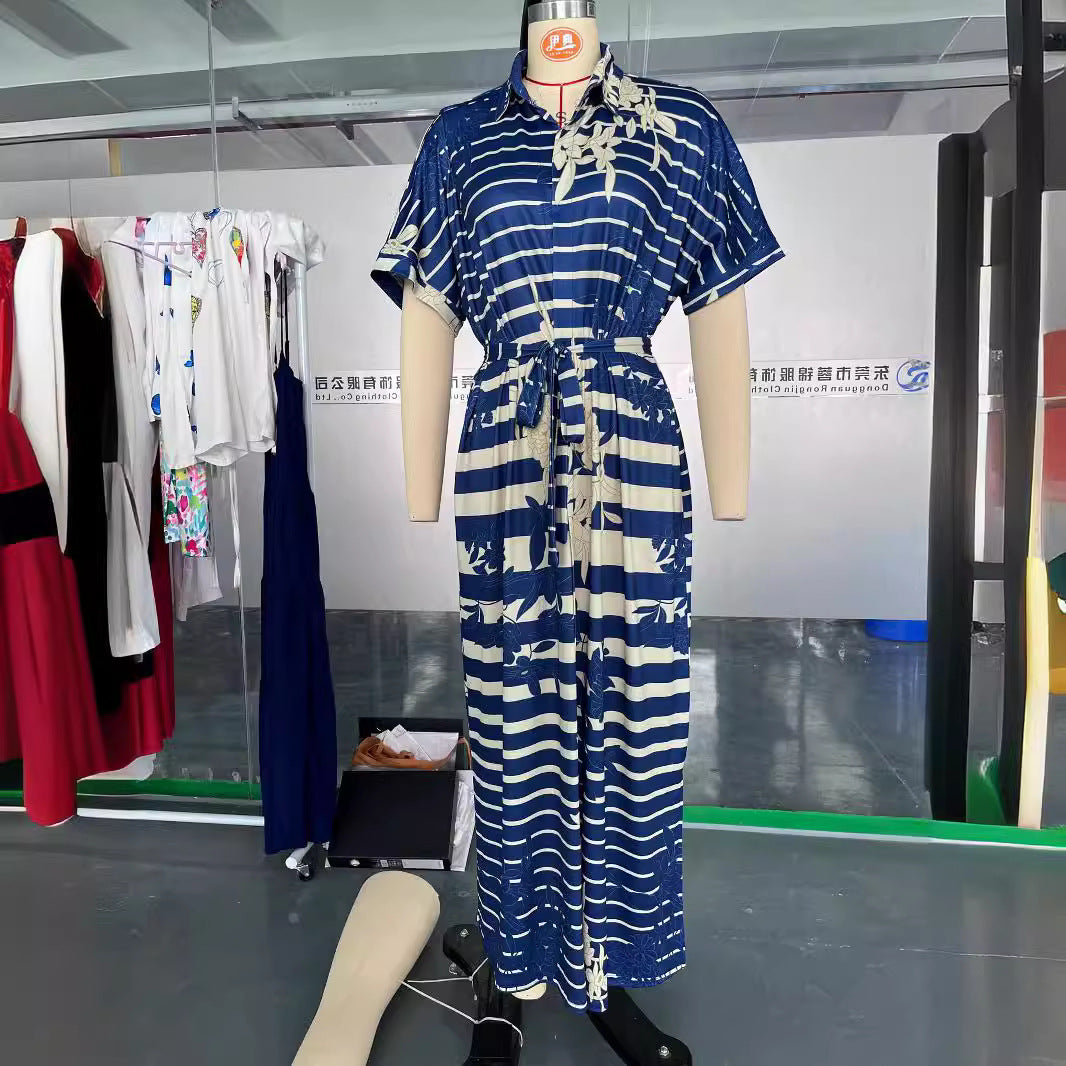 Short Sleeve Belt Slit Hemline Printed Dress