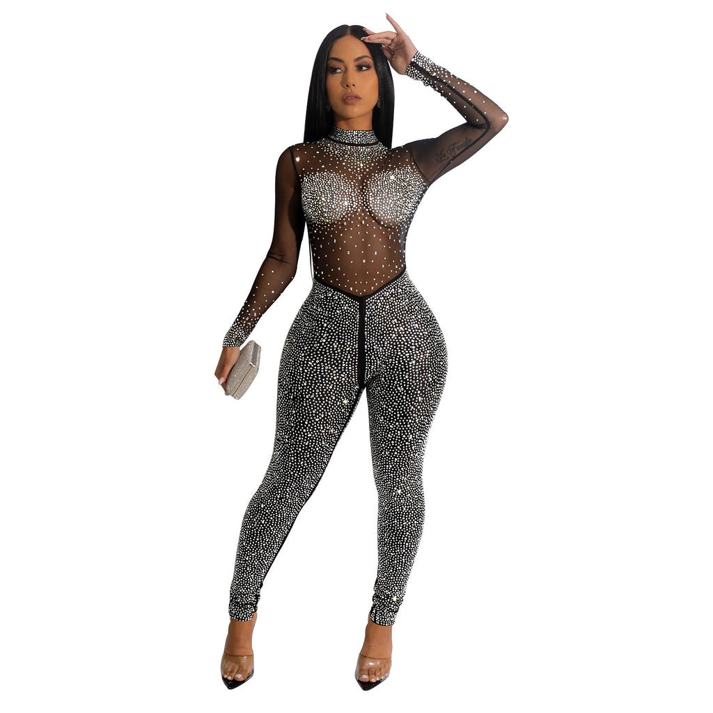 Mesh Hot Drilling Long Sleeve Jumpsuit