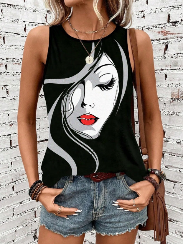 Abstract Face Printed Round Neck Tank Top