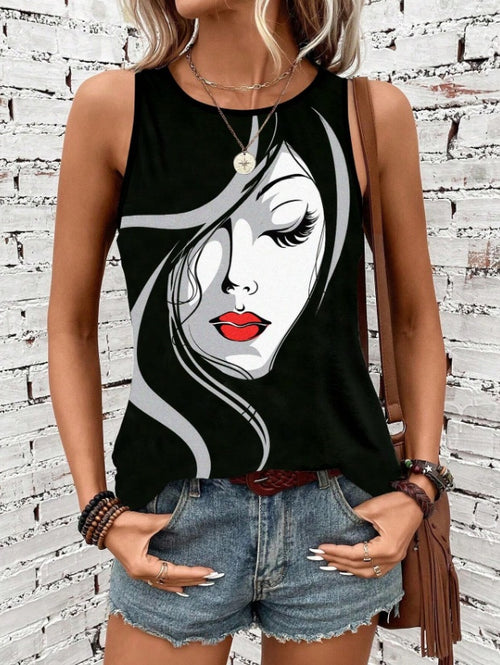 Abstract Face Printed Round Neck Tank Top