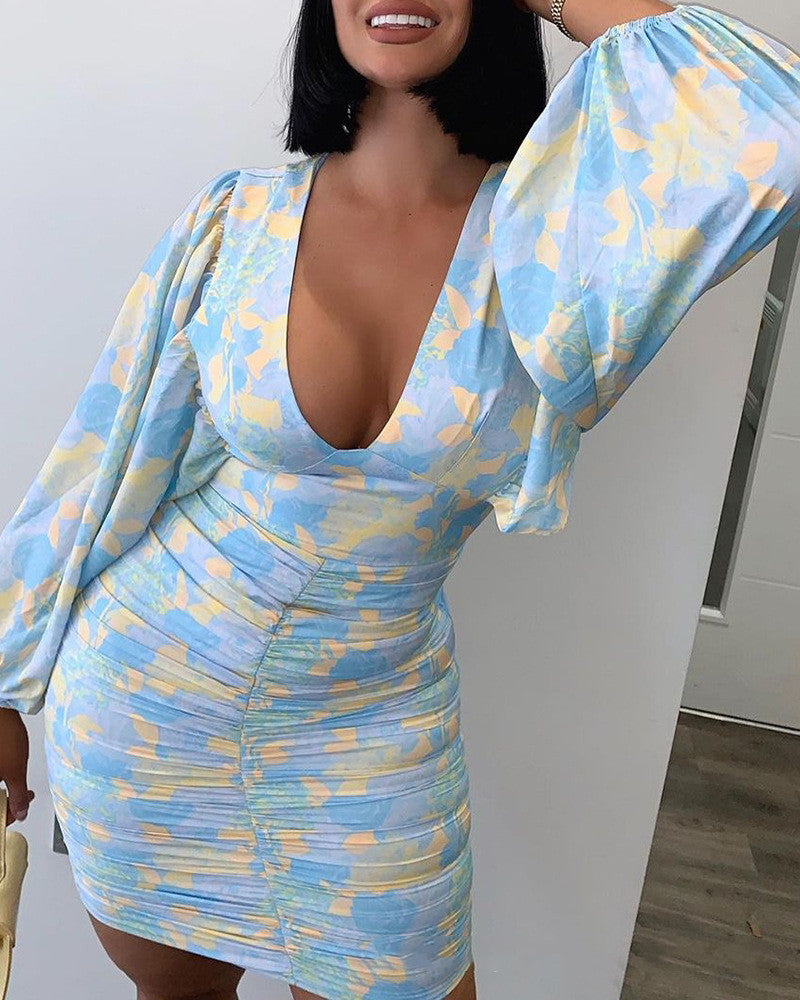 Printed V-Neck Long-Sleeved Dress