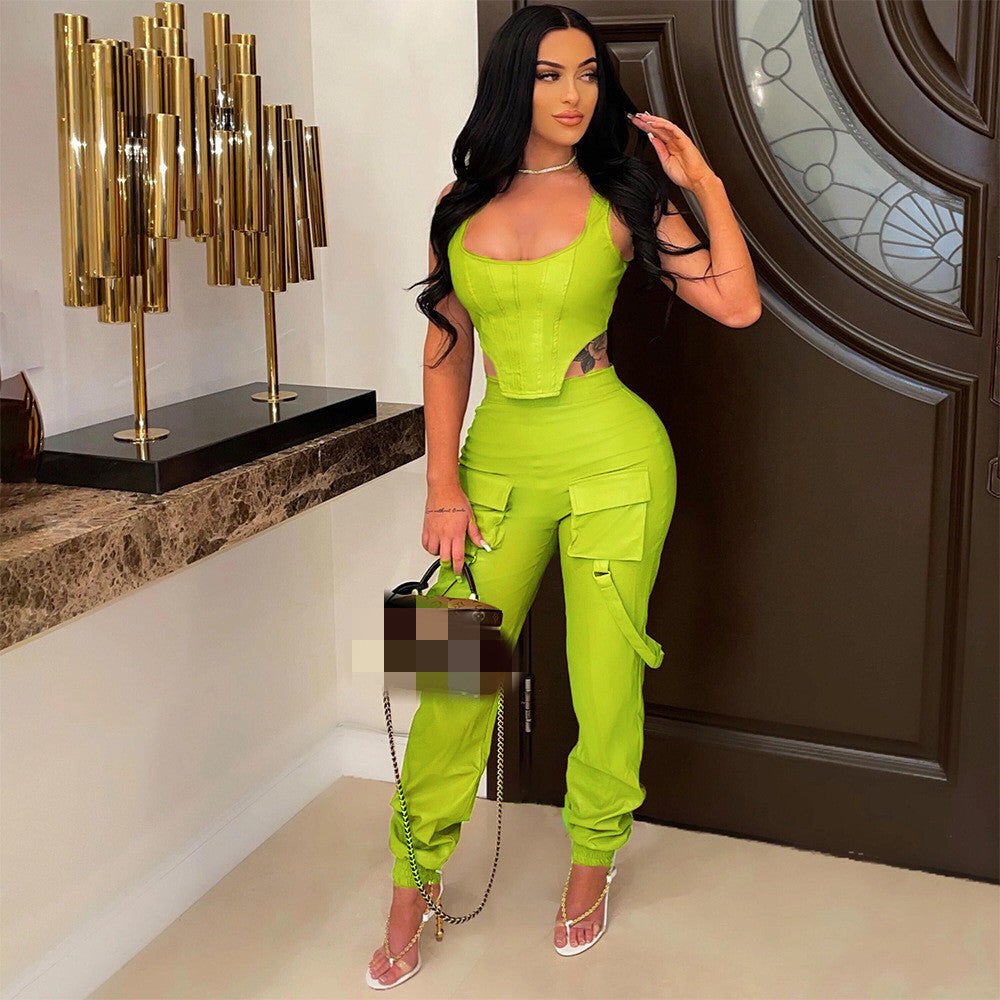 Solid Color Sleeveless Two Pc Pant Set
