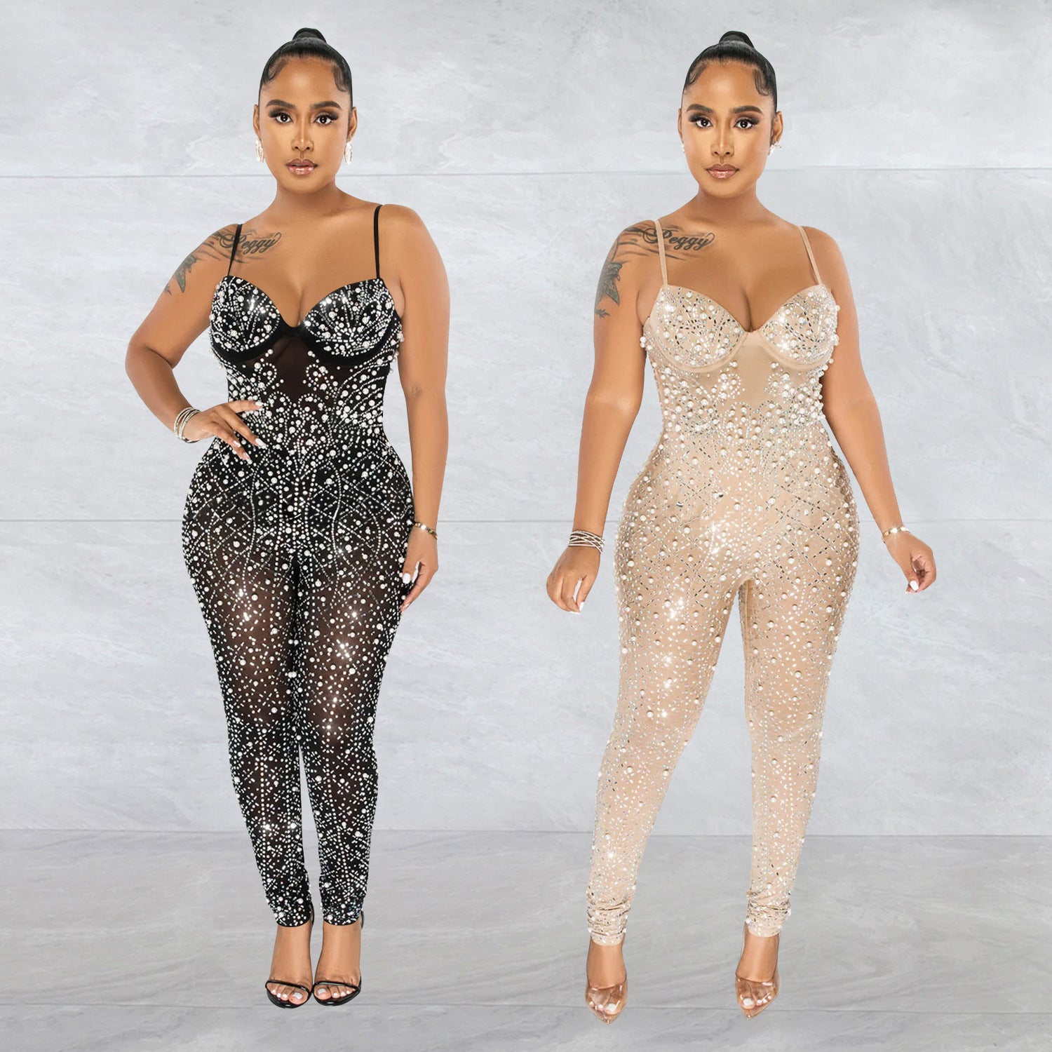 Color Mesh Rhinestone Sleeveless Jumpsuit